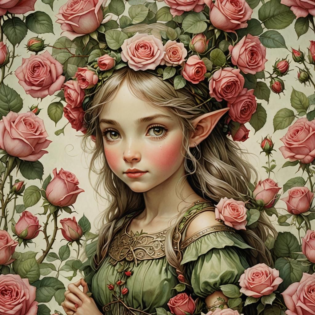 Flower Elf with Roses in Fairy Art Style