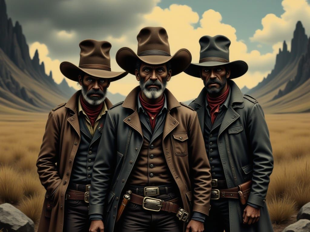 Cowboys in Dark Fantasy Landscape, Cinematic Art