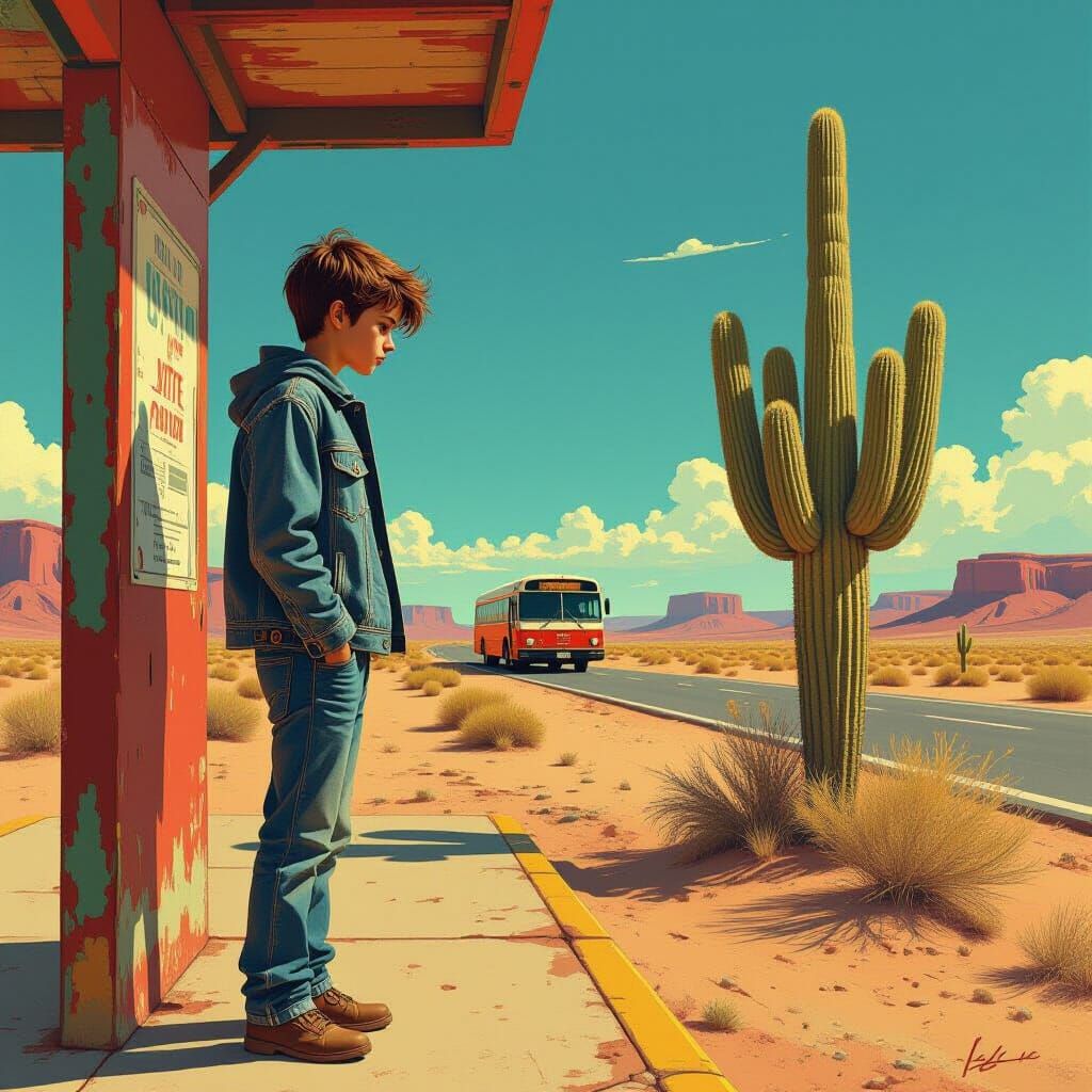 Melancholic Teenager at Desert Bus Stop