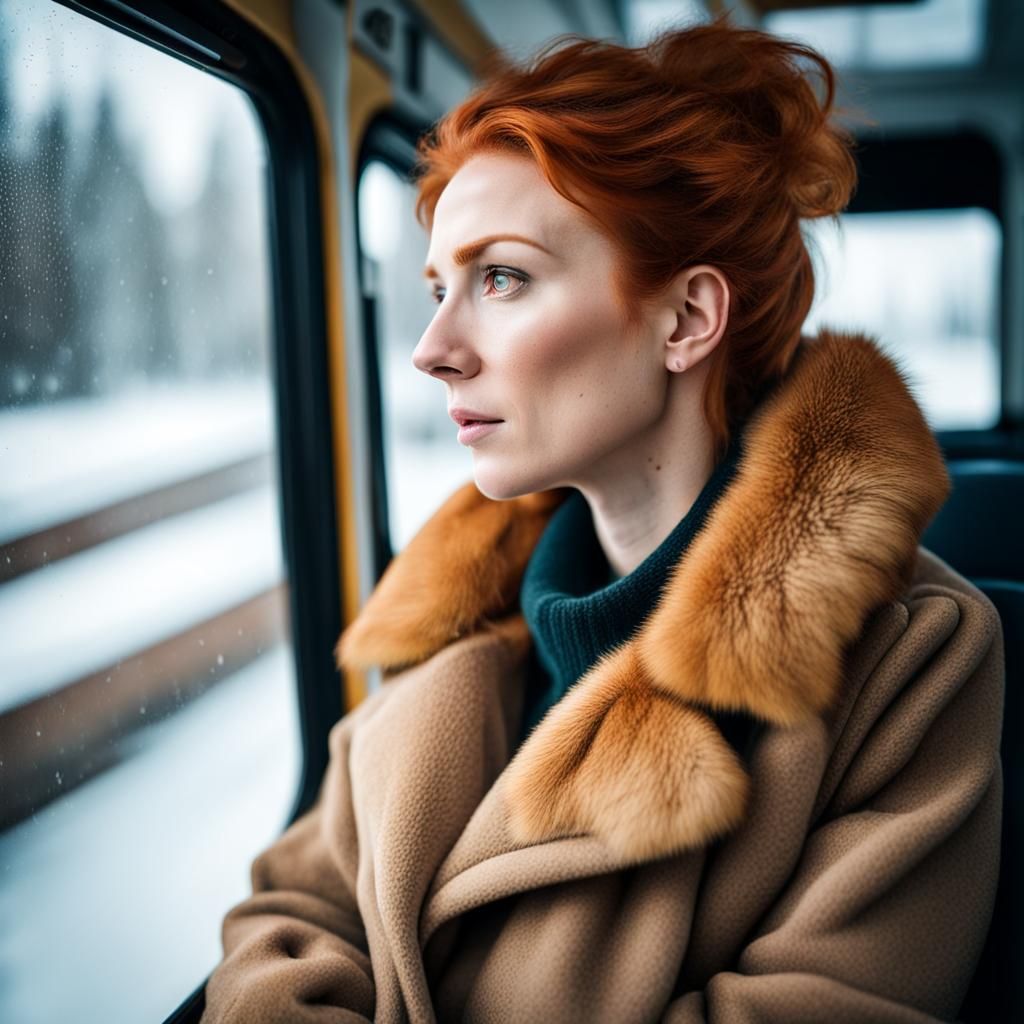 Embarrassed Woman on a Bus in Winter