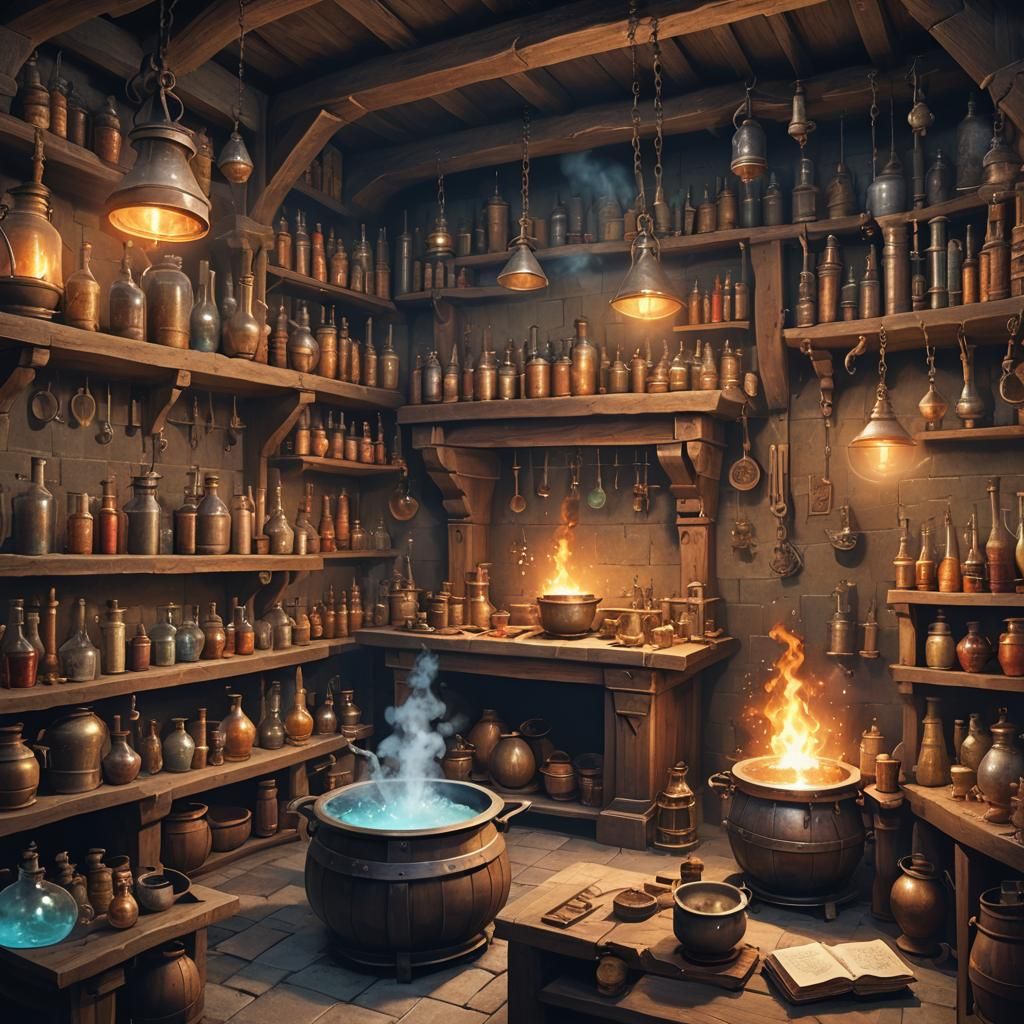 Medieval Alchemist's Laboratory with Bubbling Cauldrons