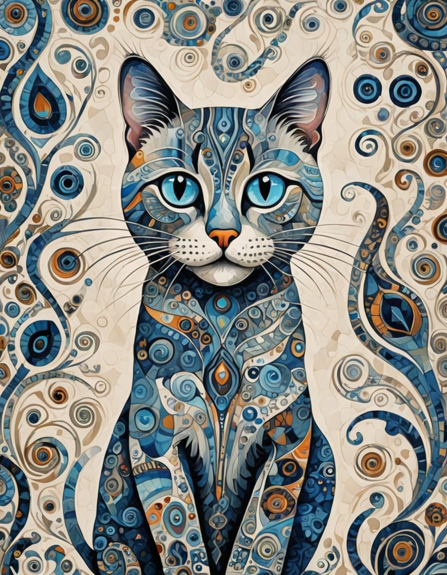 Abstract Blue-Eyed Cat with Textile Prints