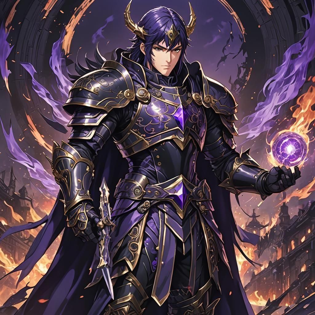 Fantasy Villain in Black Armor with Purple Energy