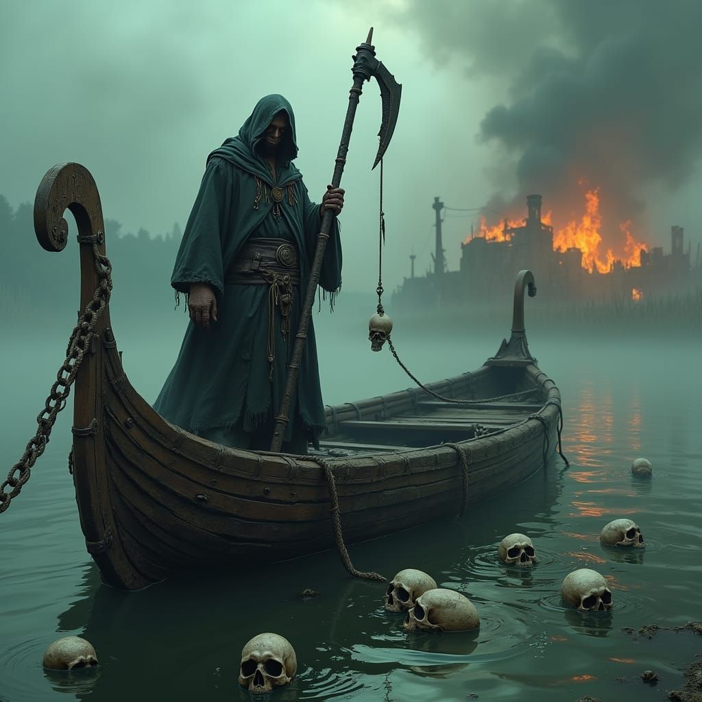 Dark River Ferry in a Foggy, Haunted Landscape