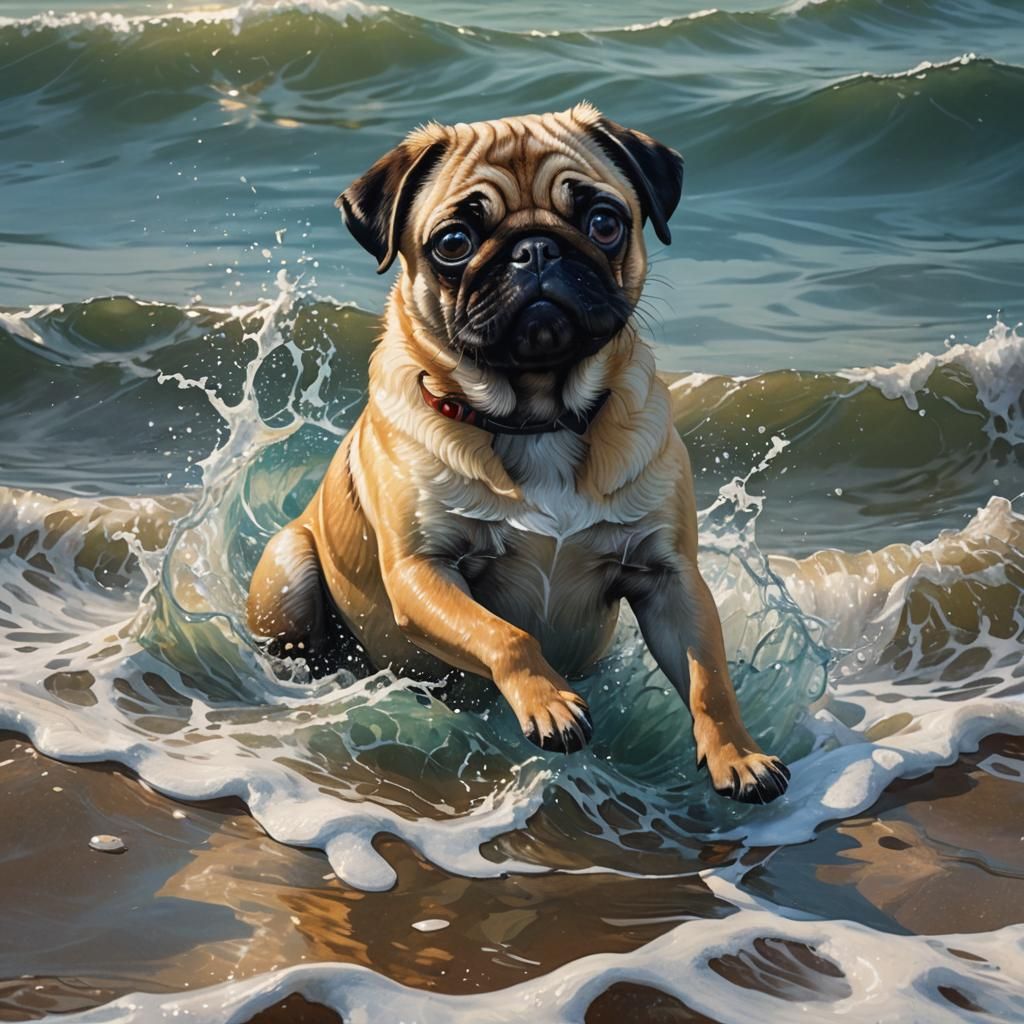 Hyperrealistic Pug Enjoying Ocean View