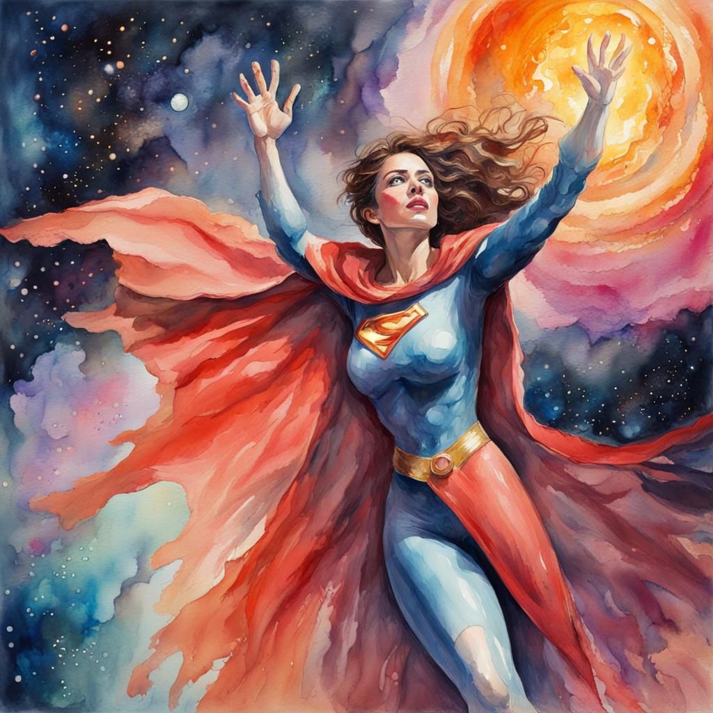Superheroine Touches Energy Source: Watercolor Gouache