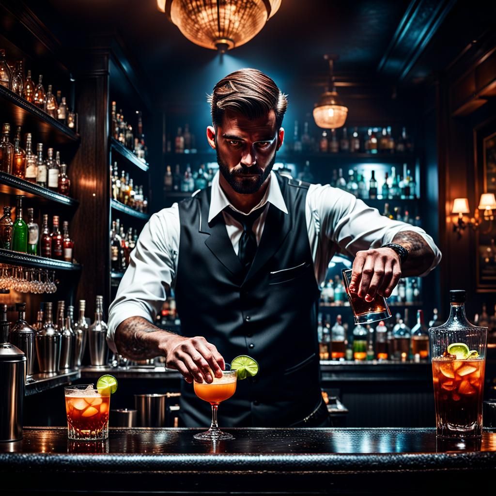 Young Bartender Mixing Drinks in Moody Barroom