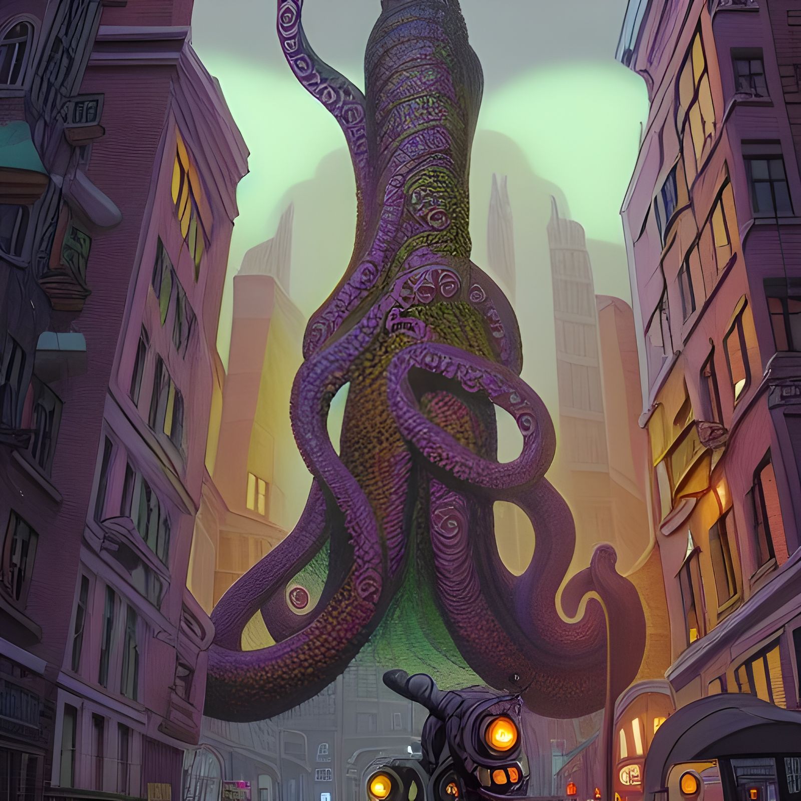 Colorful Tentacle Monster Cityscape: Digital Art