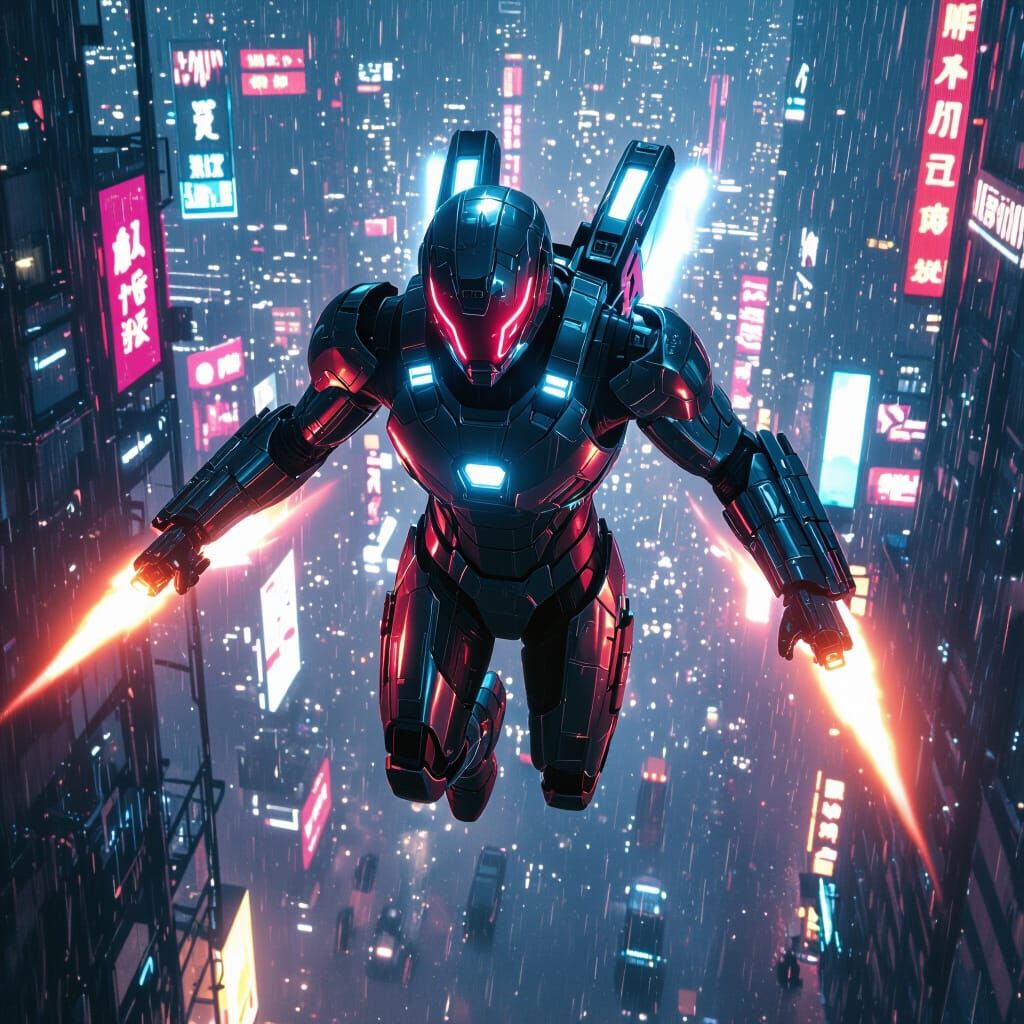 Cyberpunk Superhero Soaring Over Future Cityscape