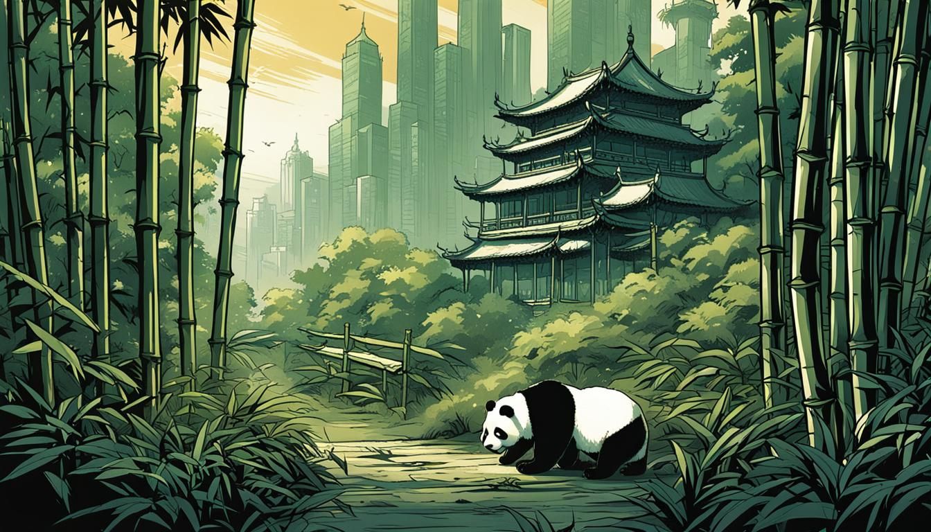 Shanghai View with Panda in Comic Book Style