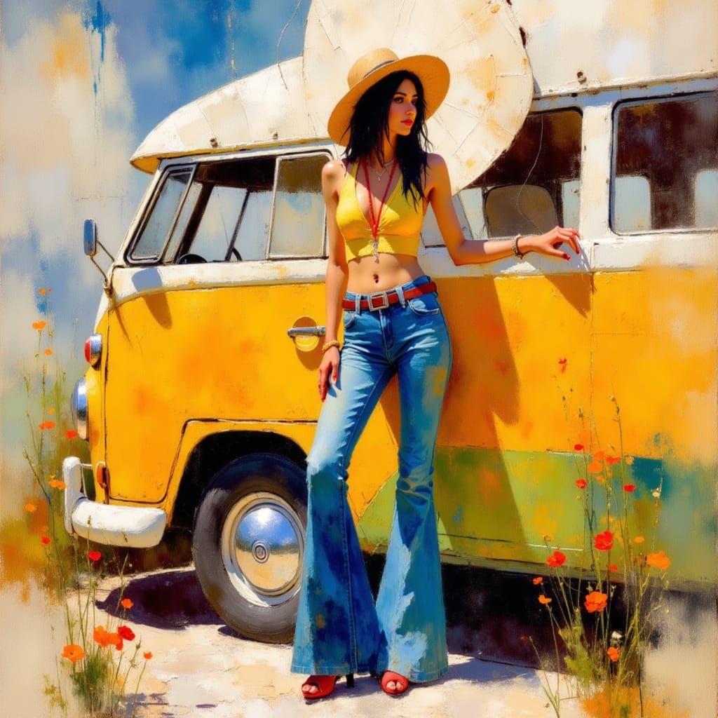 Hippie Woman with VW Van in Earth Tones
