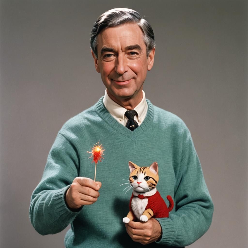 Mr. Rogers Celebrates with Firecracker and Cat