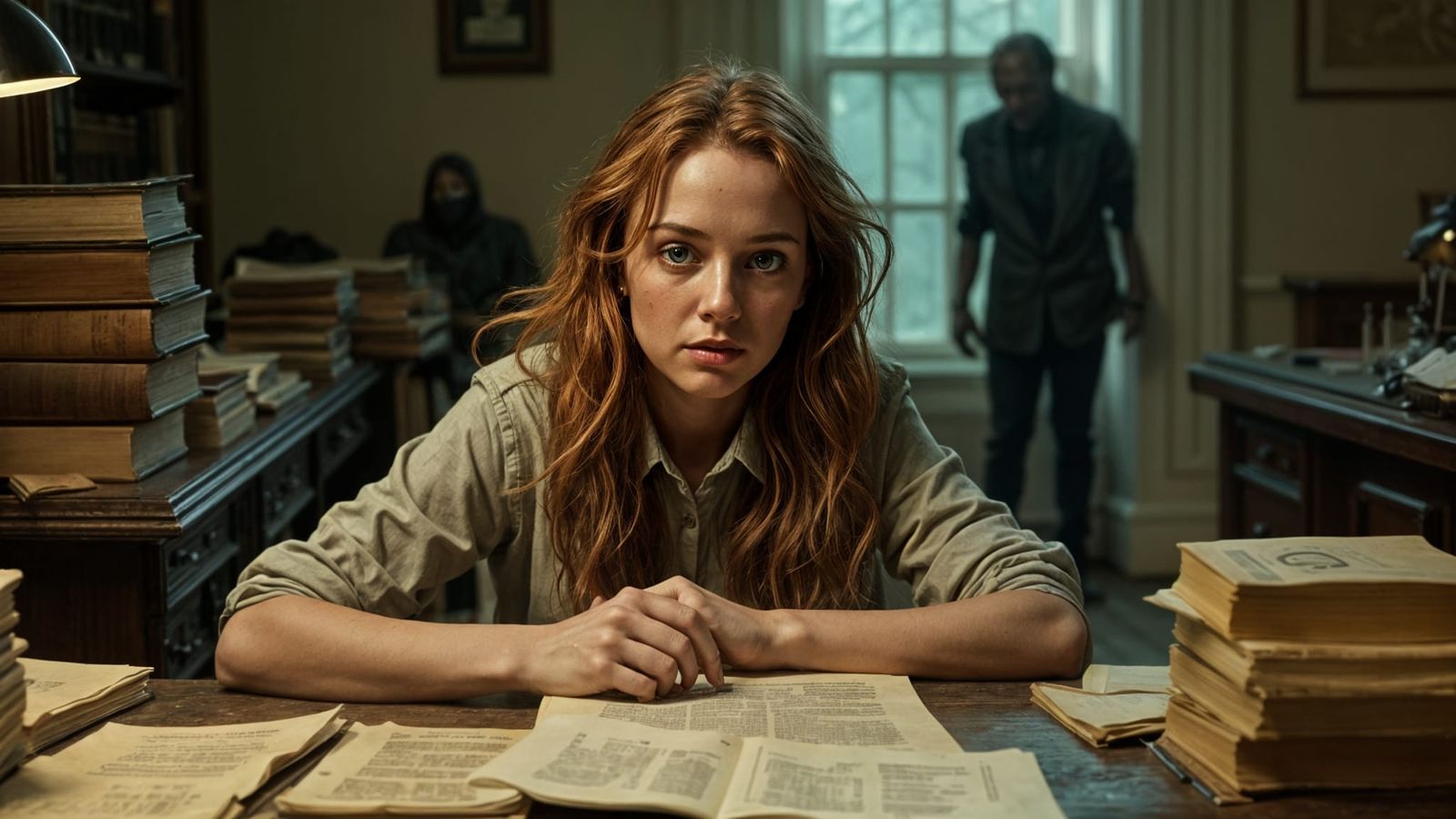 Hyperrealistic Dusty Archives with Lurking Figure