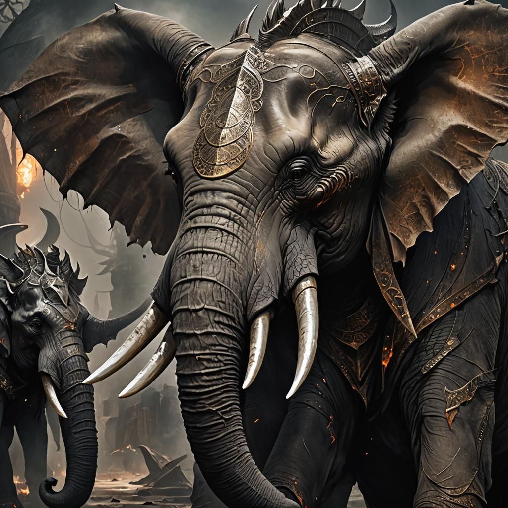 Elephant and Dragon Confrontation in Gothic Surrealism