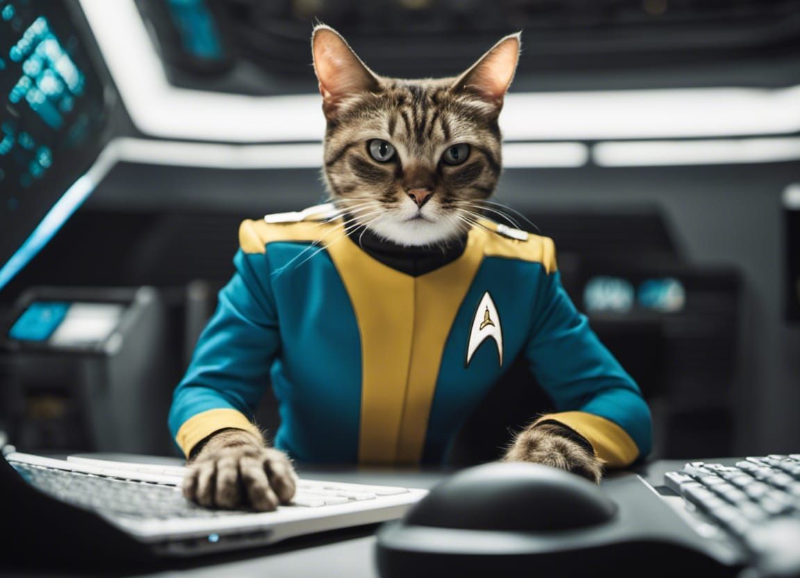 Cat Officer on the USS Enterprise in 80s Sci-Fi Style