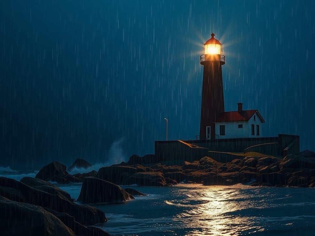 Majestic Lighthouse Illuminates Stormy Night in a Moody Pain...