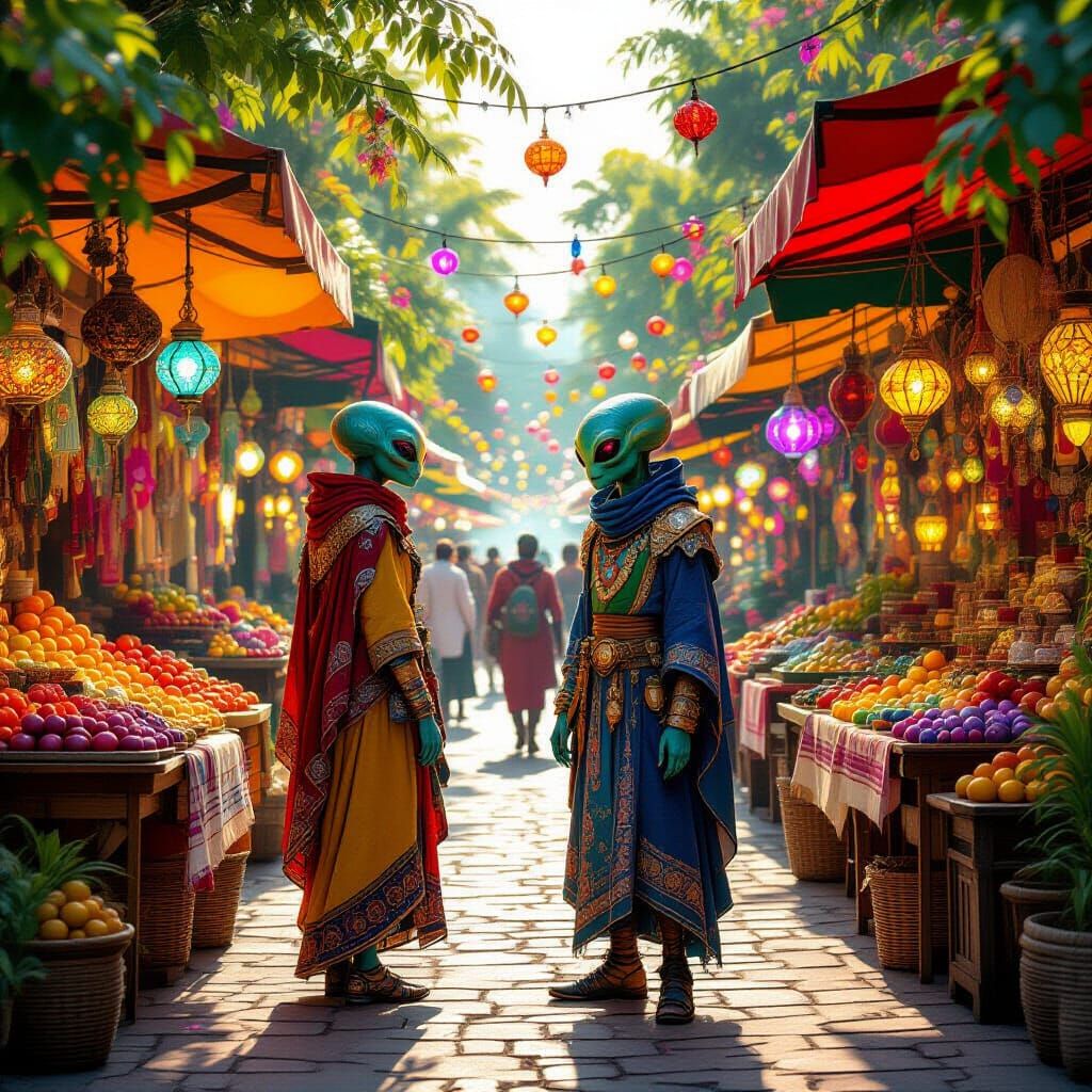 Vibrant Alien Marketplace in Fantasy Art Style