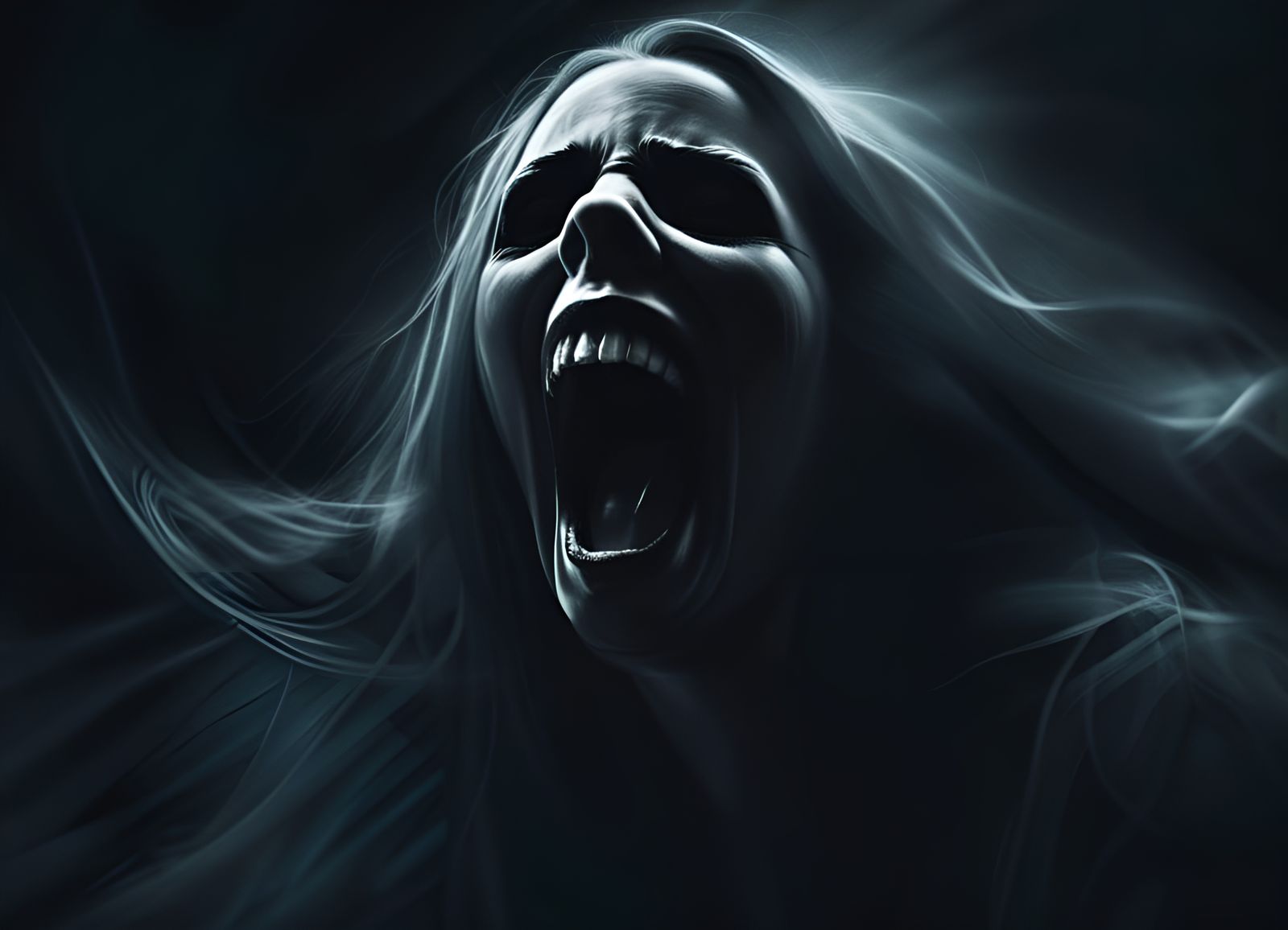 Frightening Ghost Woman Screaming on Dark Background