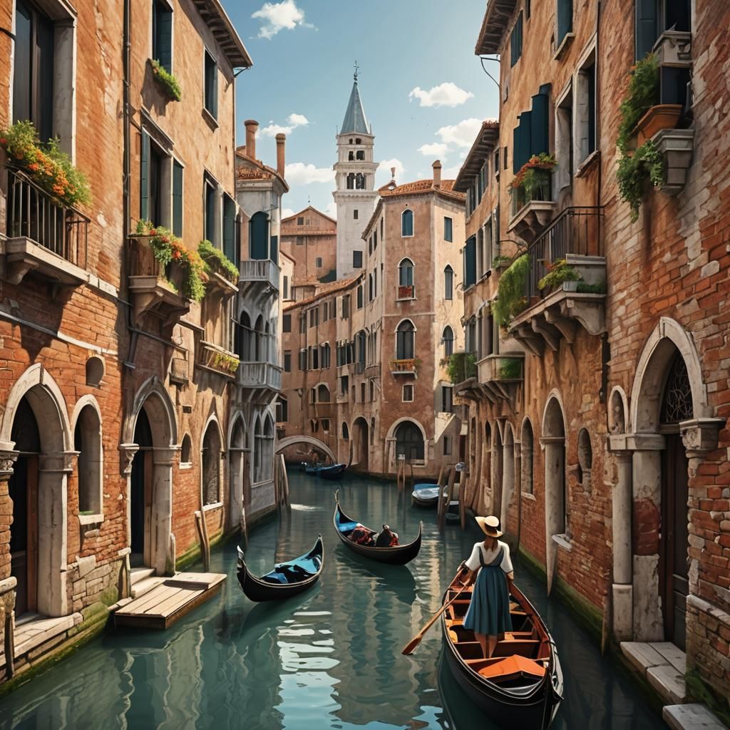 Medieval Venetian Canal Scene with Gondola
