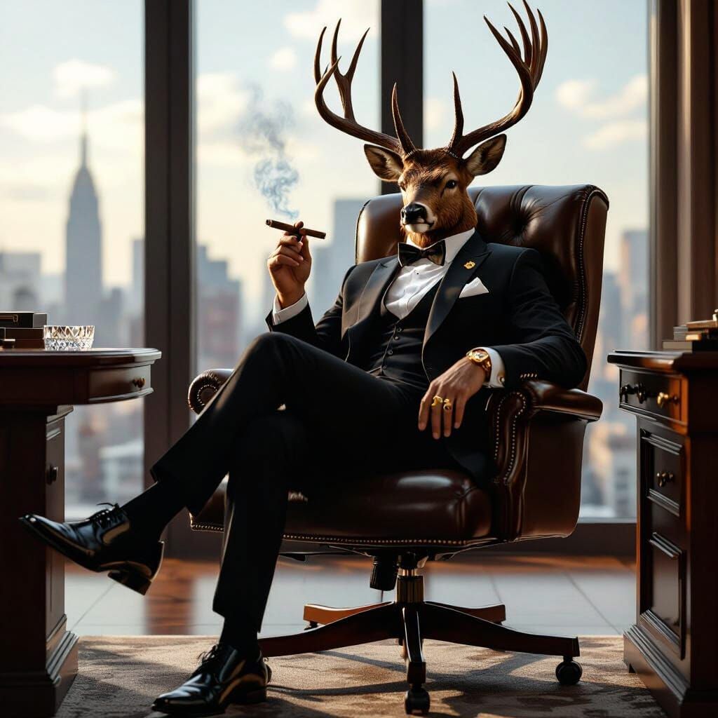 Stag in Suit: Photorealistic Office Scene