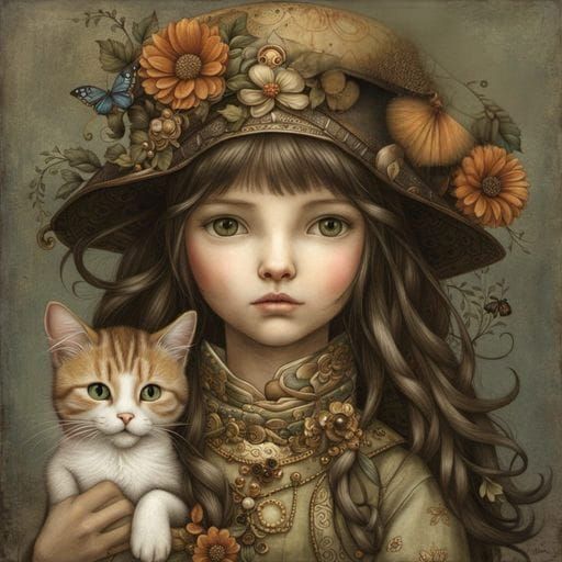 Detailed Portrait of Girl with Cat in Fantasy Style