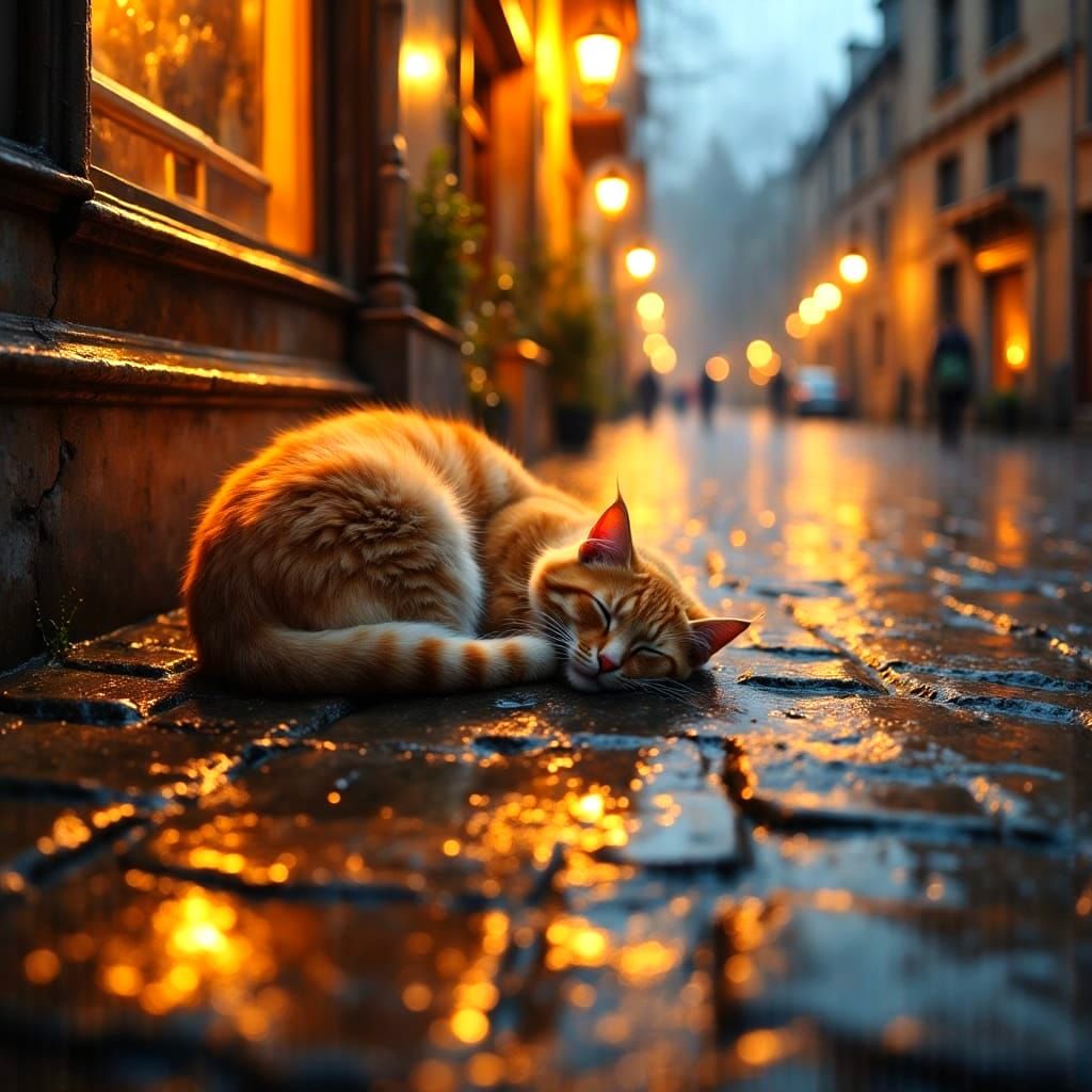 Cat Nap on Cobblestones in Golden Light