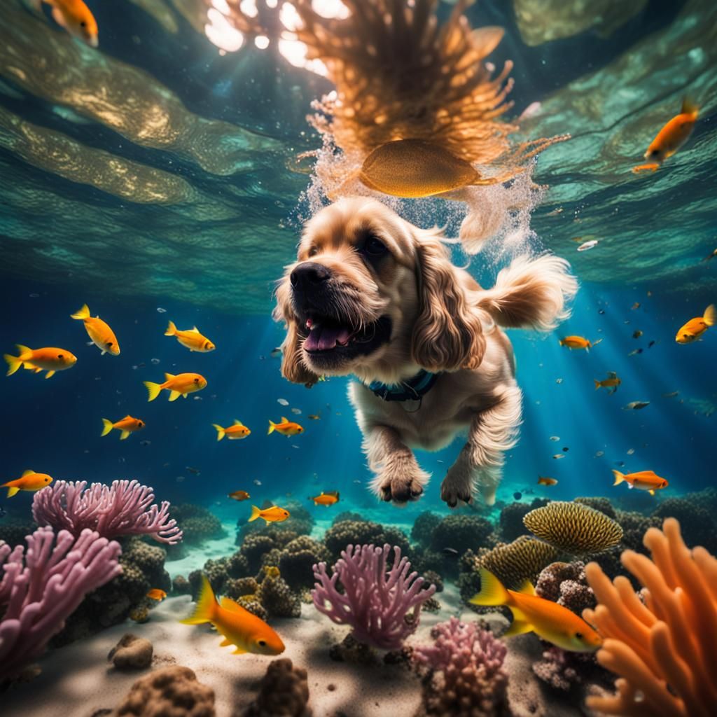 Dog Swimming Underwater in Coral Reef
