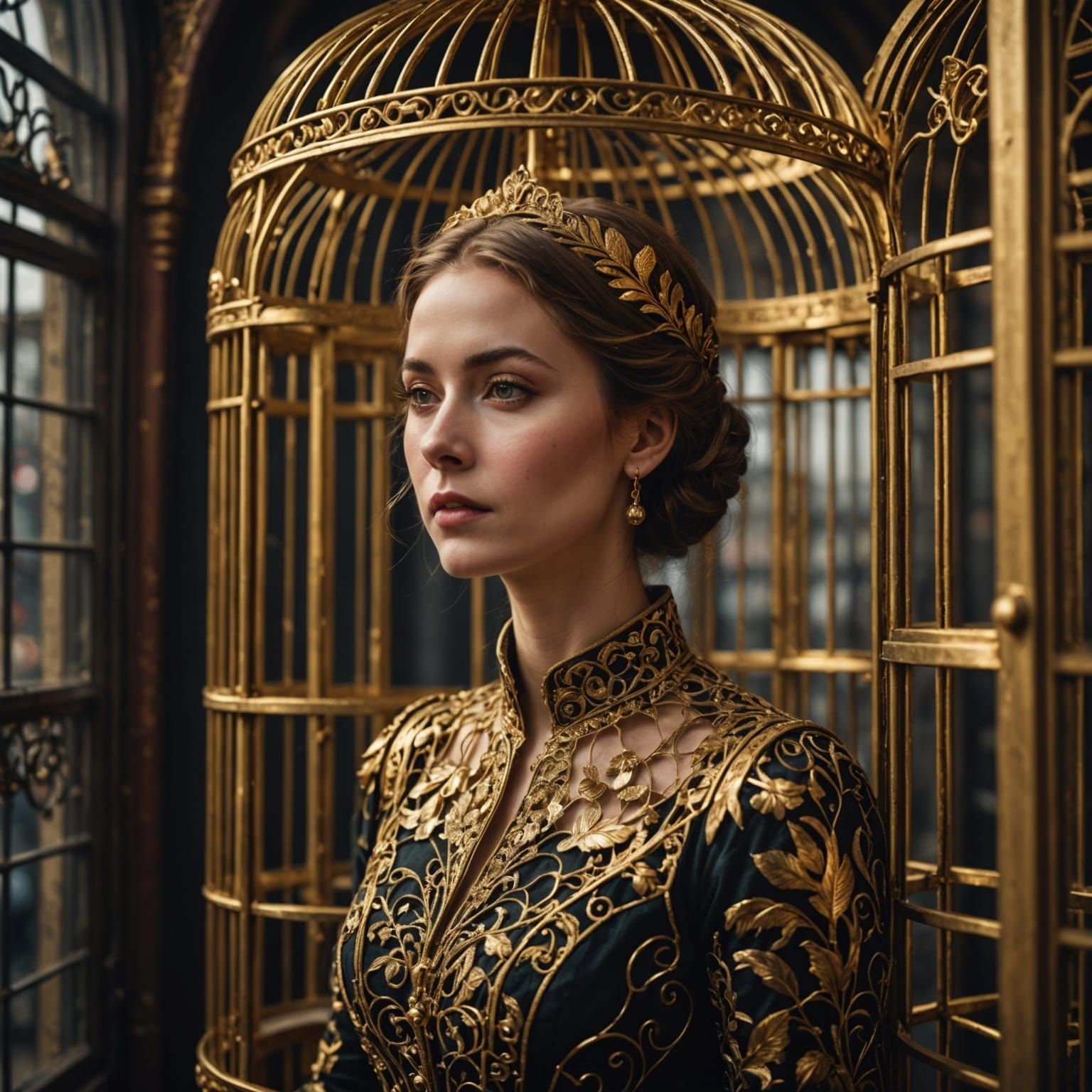 Woman Trapped in Intricate Golden Birdcage