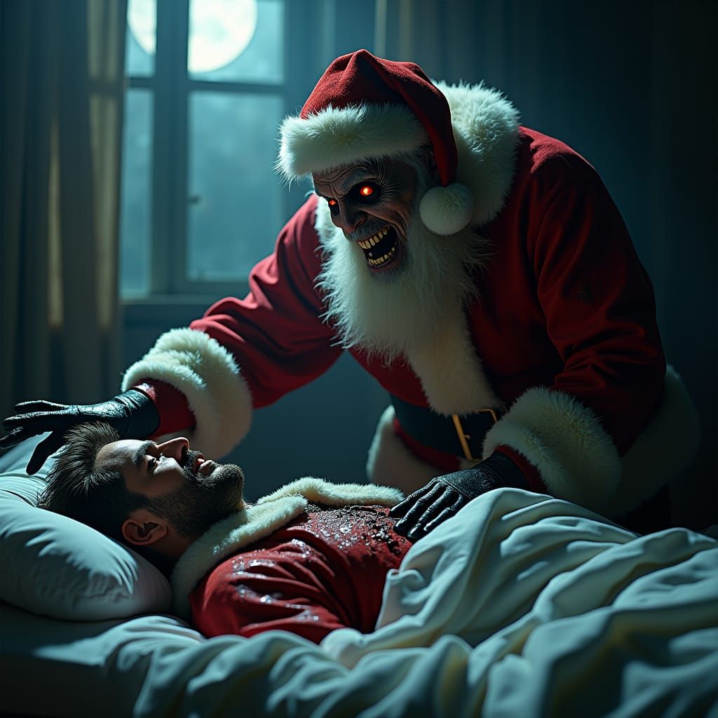 Nightmare Santa Claus in Dark Bedroom Scene