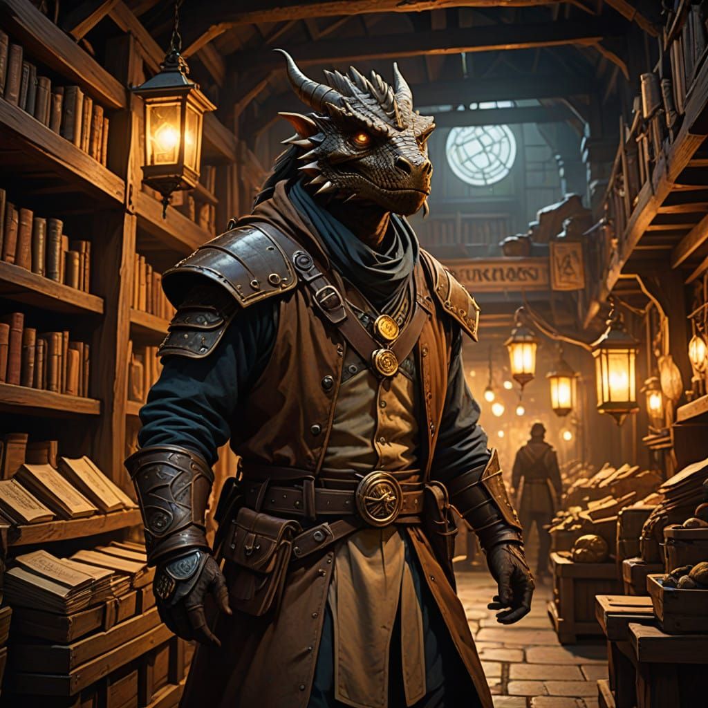 Dragonborn Merchant in 19th-Century Fantasy Market