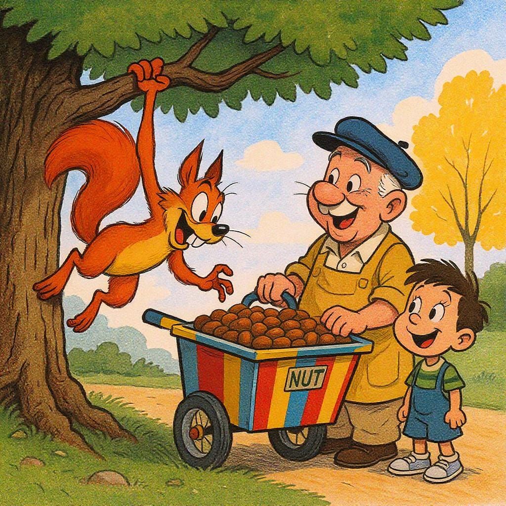 Cartoon Squirrel Nut Heist in Whimsical Style