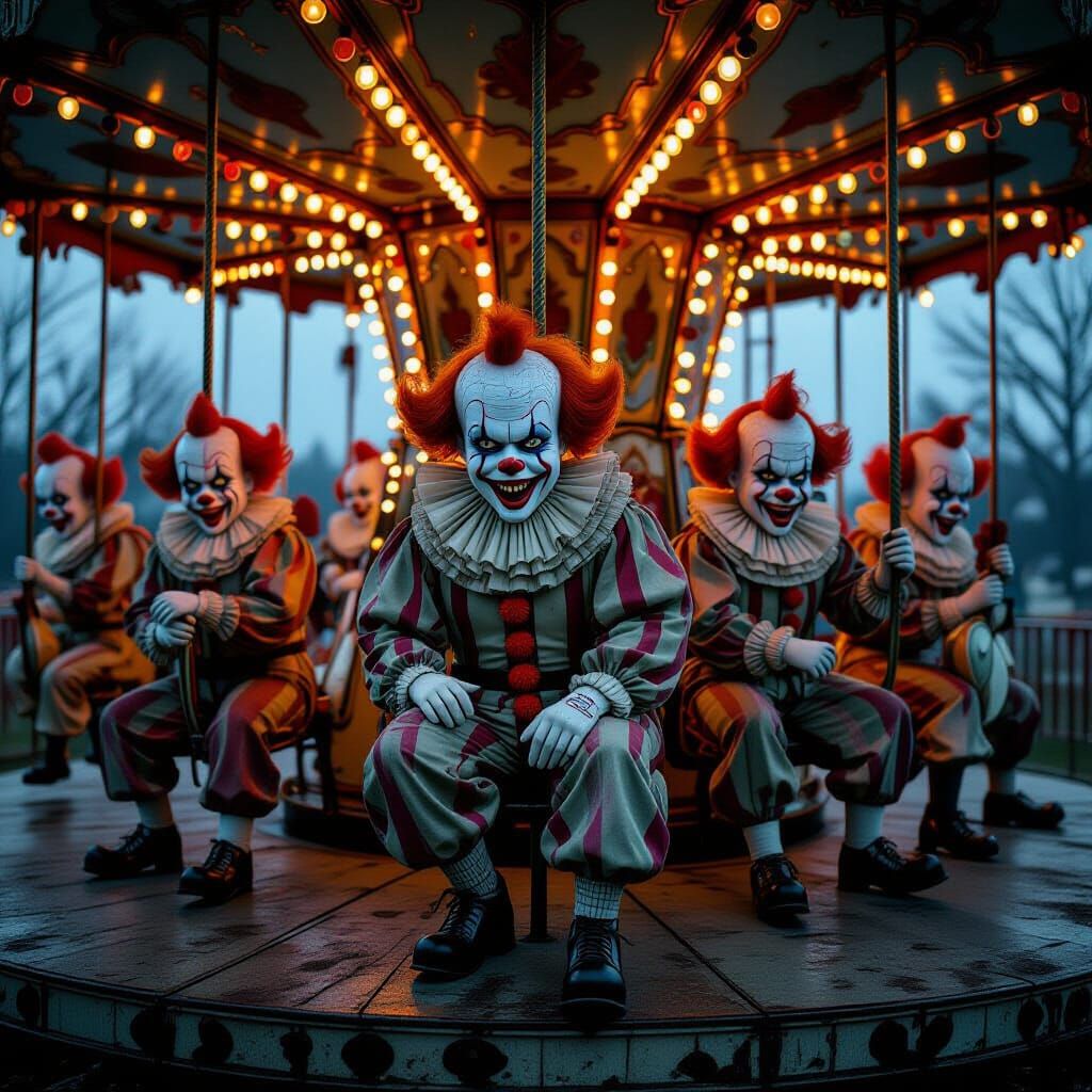 Grotesque Clowns on Abandoned Carousel in Hyperrealism