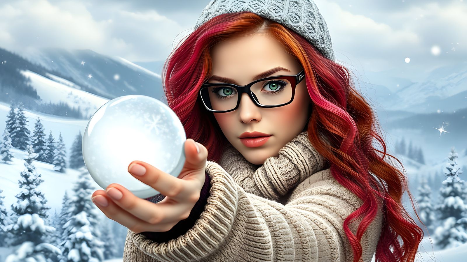 Winter Beauty Ready to Throw Snowball in Fantasy Landscape