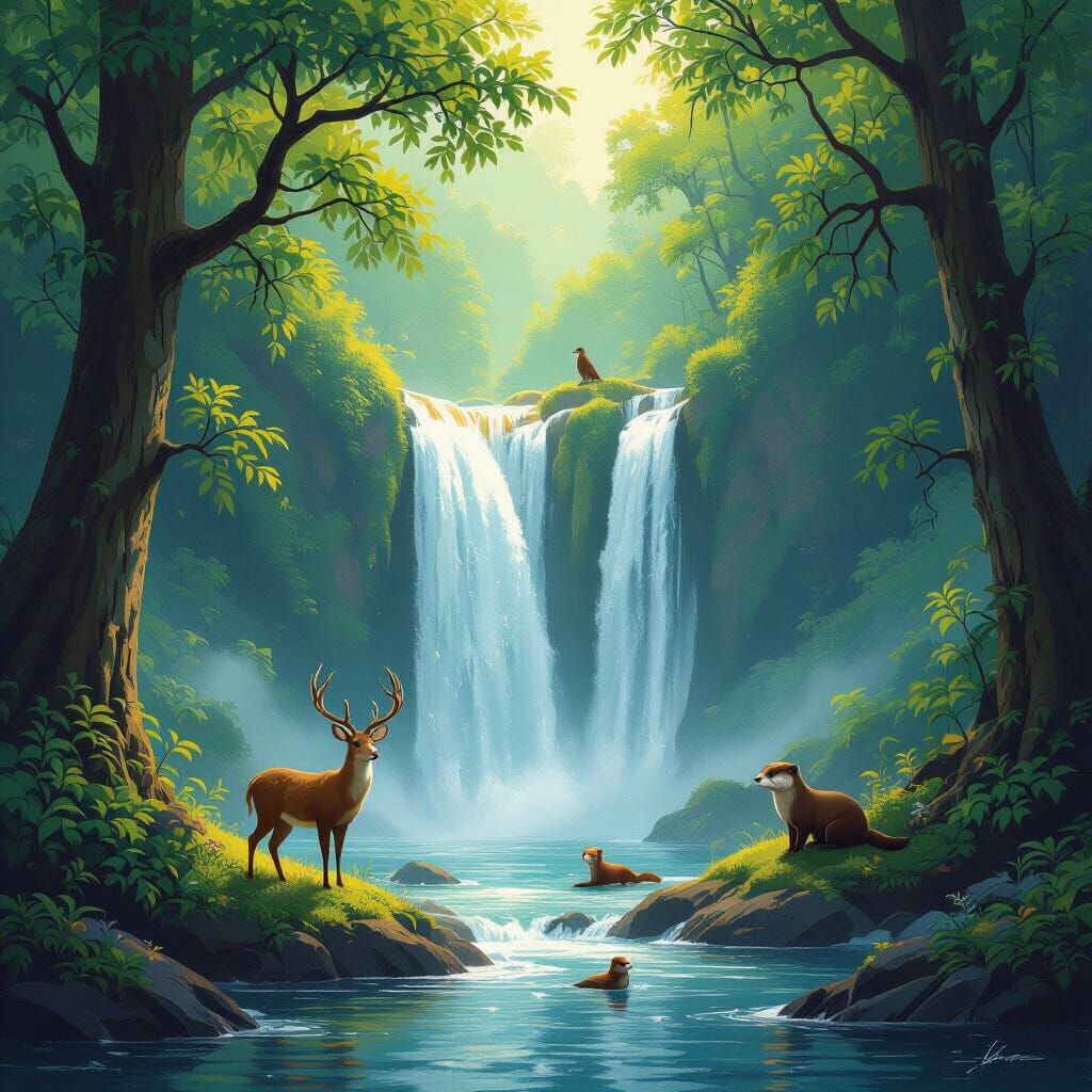 Majestic Waterfall Scene with Wildlife