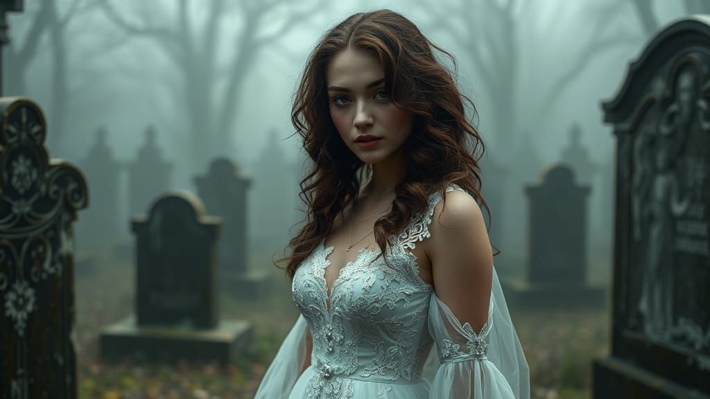 Hyperrealistic Woman in Forsaken Graveyard with Ornate White...