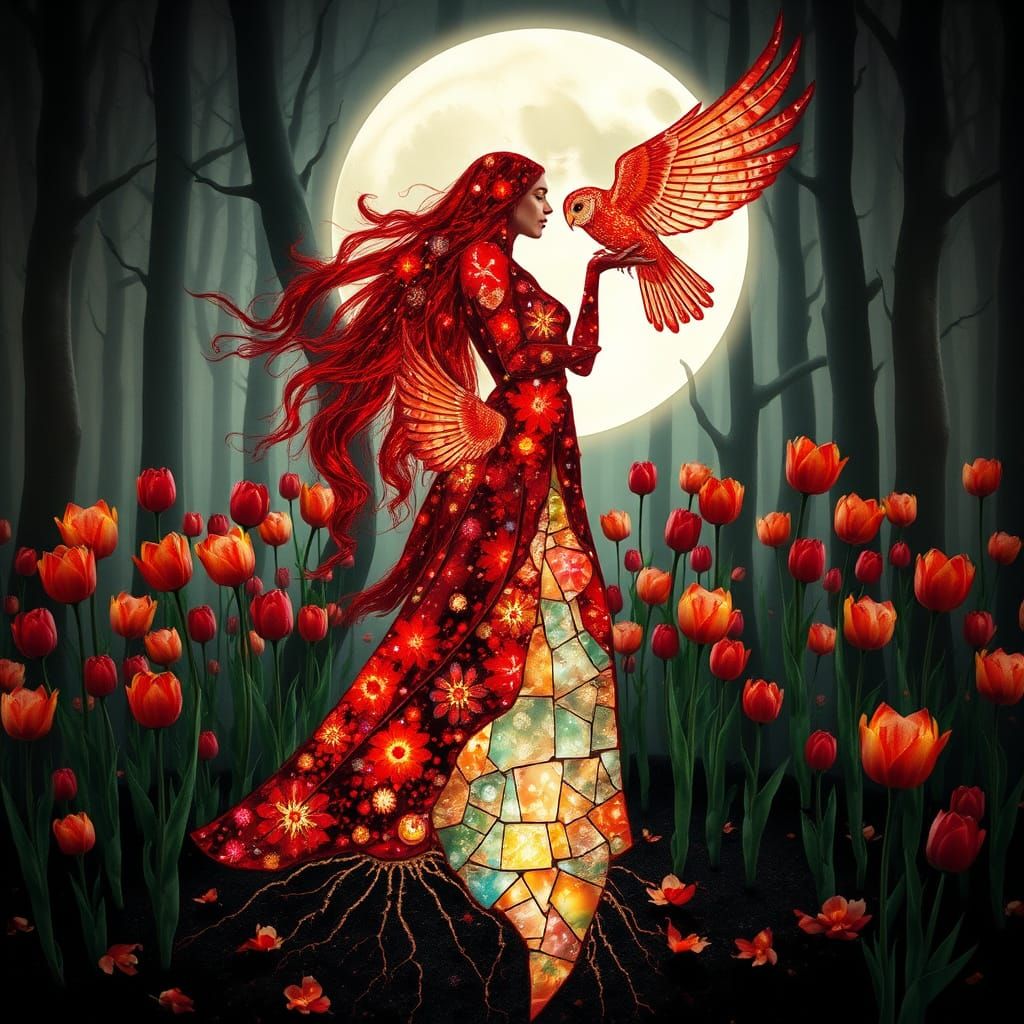 Iridescent Woman: Flower and Owl Goddess in Dreamlike Style