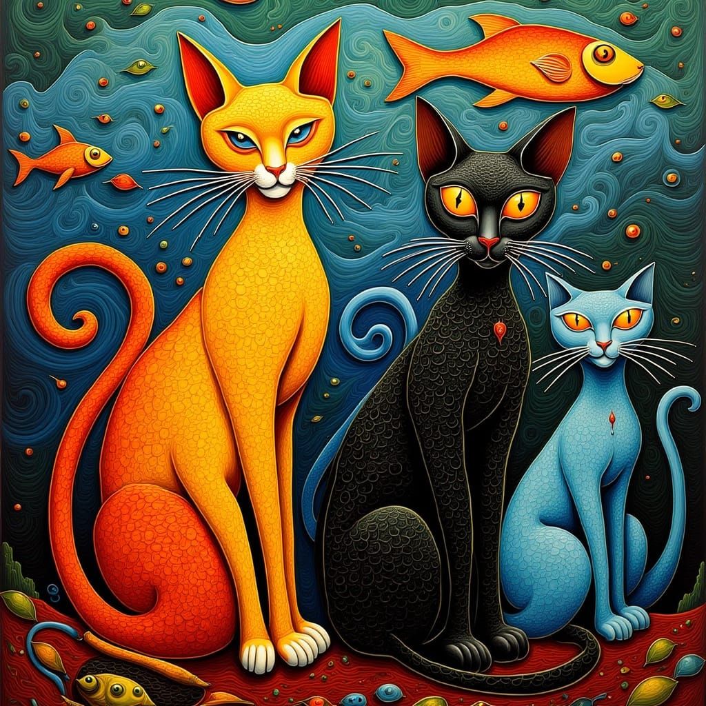 Elongated Cats in Surreal Mixed Media Collage