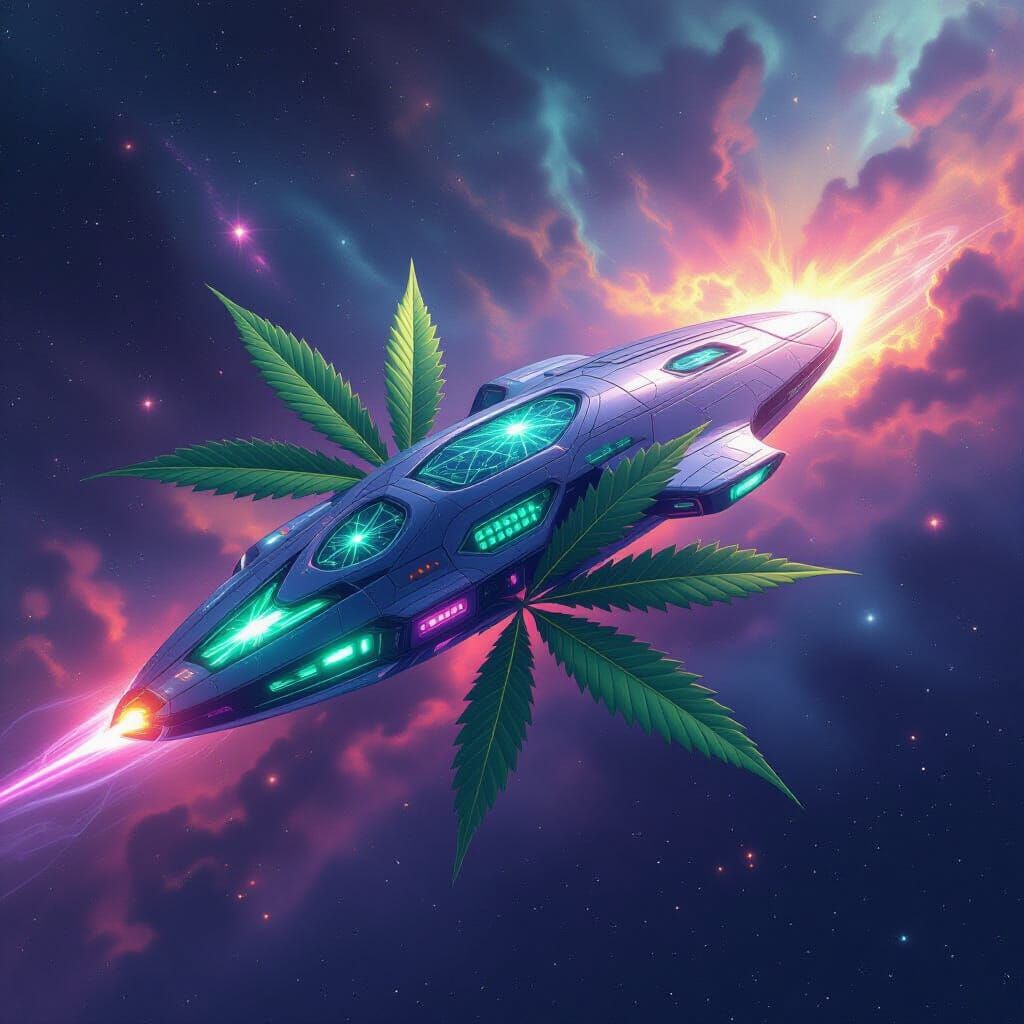 Marijuana Leaf Starship Gliding Through Nebula