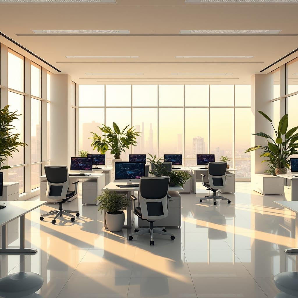 Surreal Modern Office Scene with Cityscape and Greenery