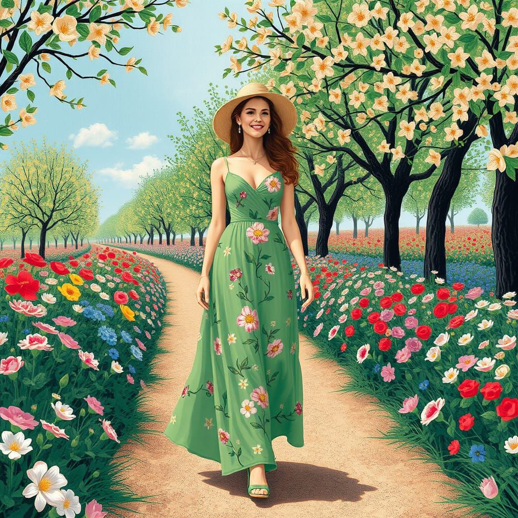 Elegant European Woman Strolls Through a Vibrant Floral Path...