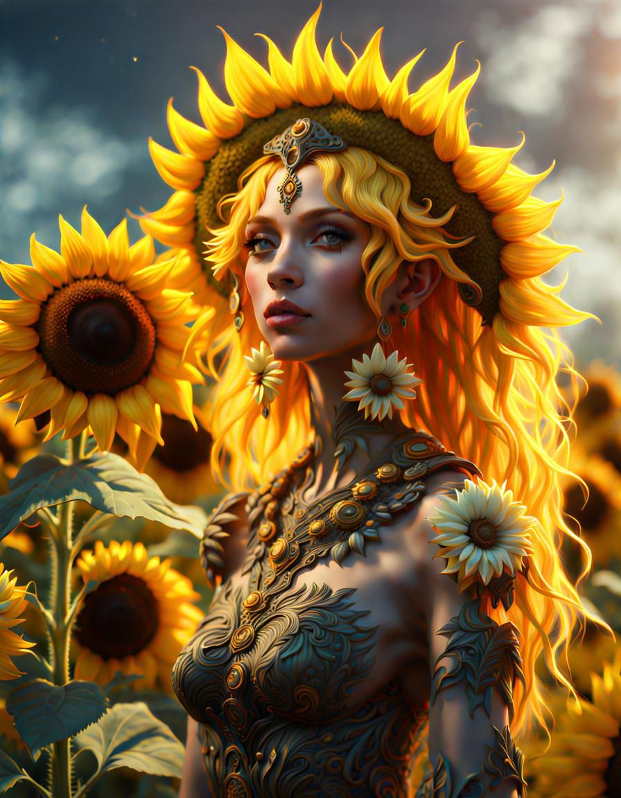 Vibrant Sunflower Goddess in Detailed Matte Painting