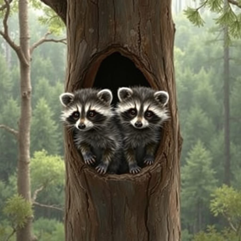 Raccoons in Tree, Whimsical Illustration