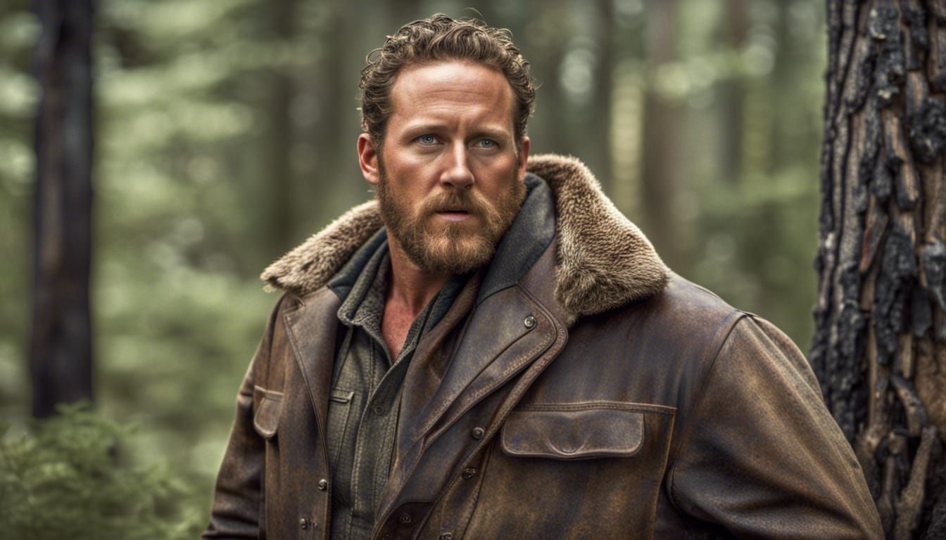 Frontier Woodsman with Grizzly Bear in Woods