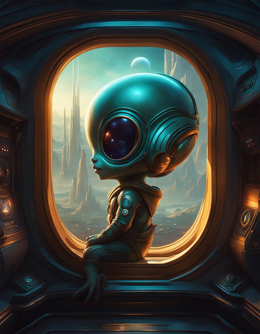 Cute Alien Baby in Spaceship, Detailed Matte Painting