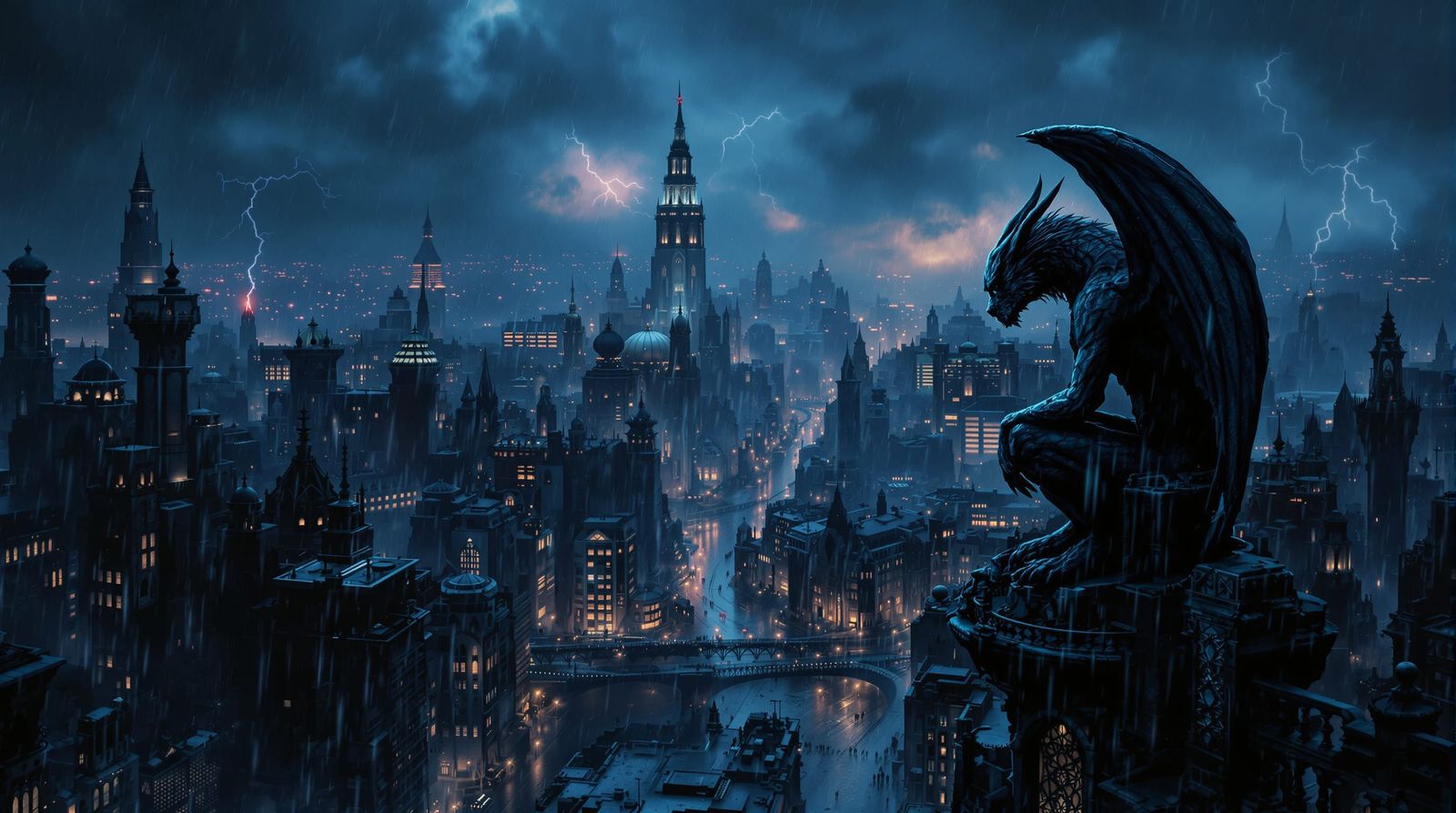Gargoyle Cityscape in Heavy Rain and Lightning