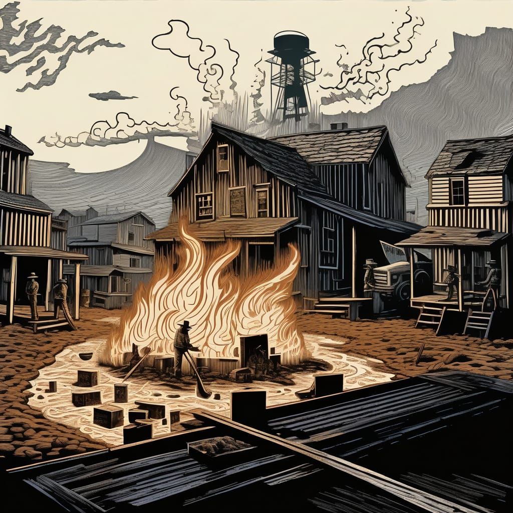 Dark Woodcut Print of a Violent Rancher in a Dystopian Town