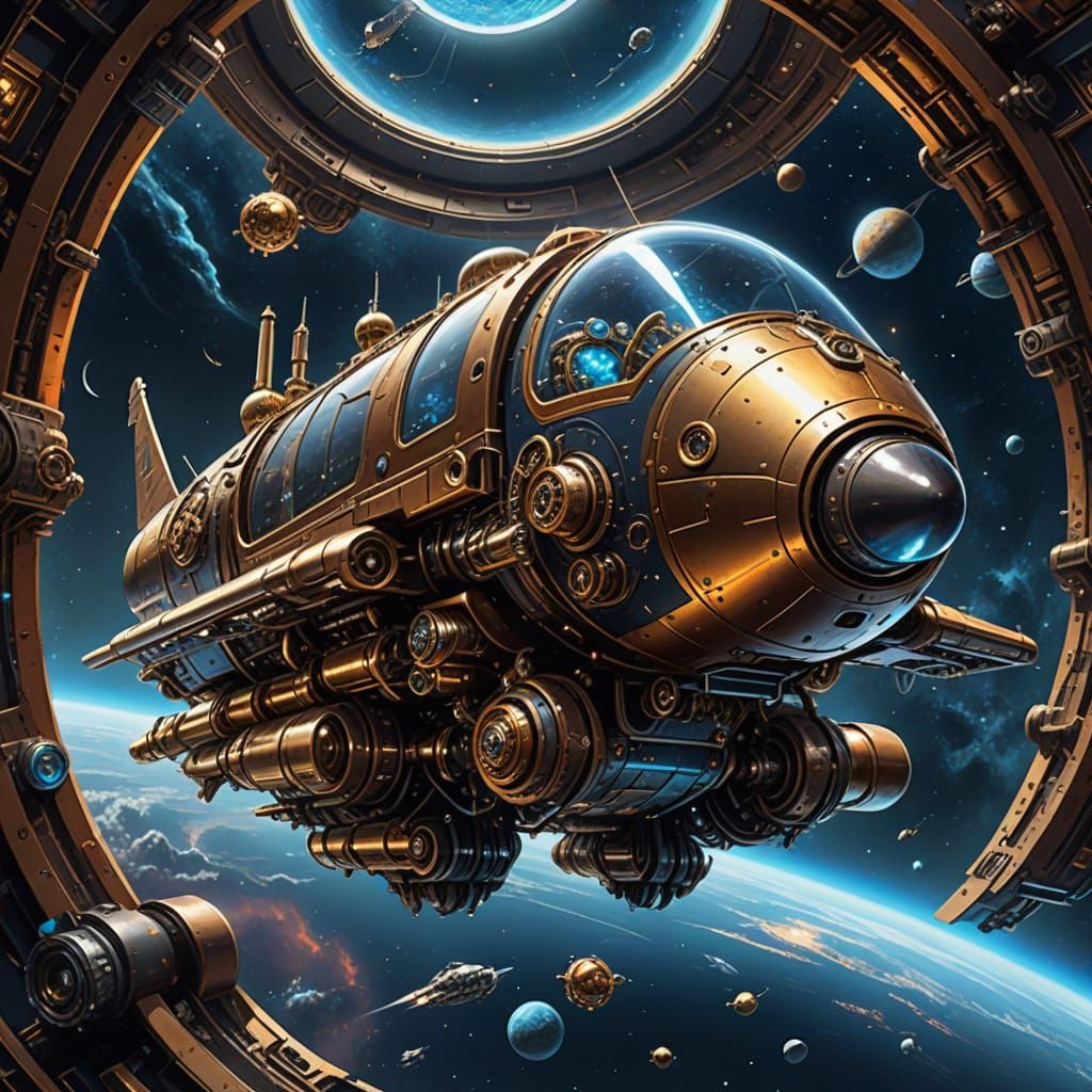 Steampunk Basset Hound Spaceship in Retro-Futuristic Space