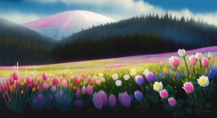 Whimsical Watercolor Rabbit in Snowy Floral Meadow