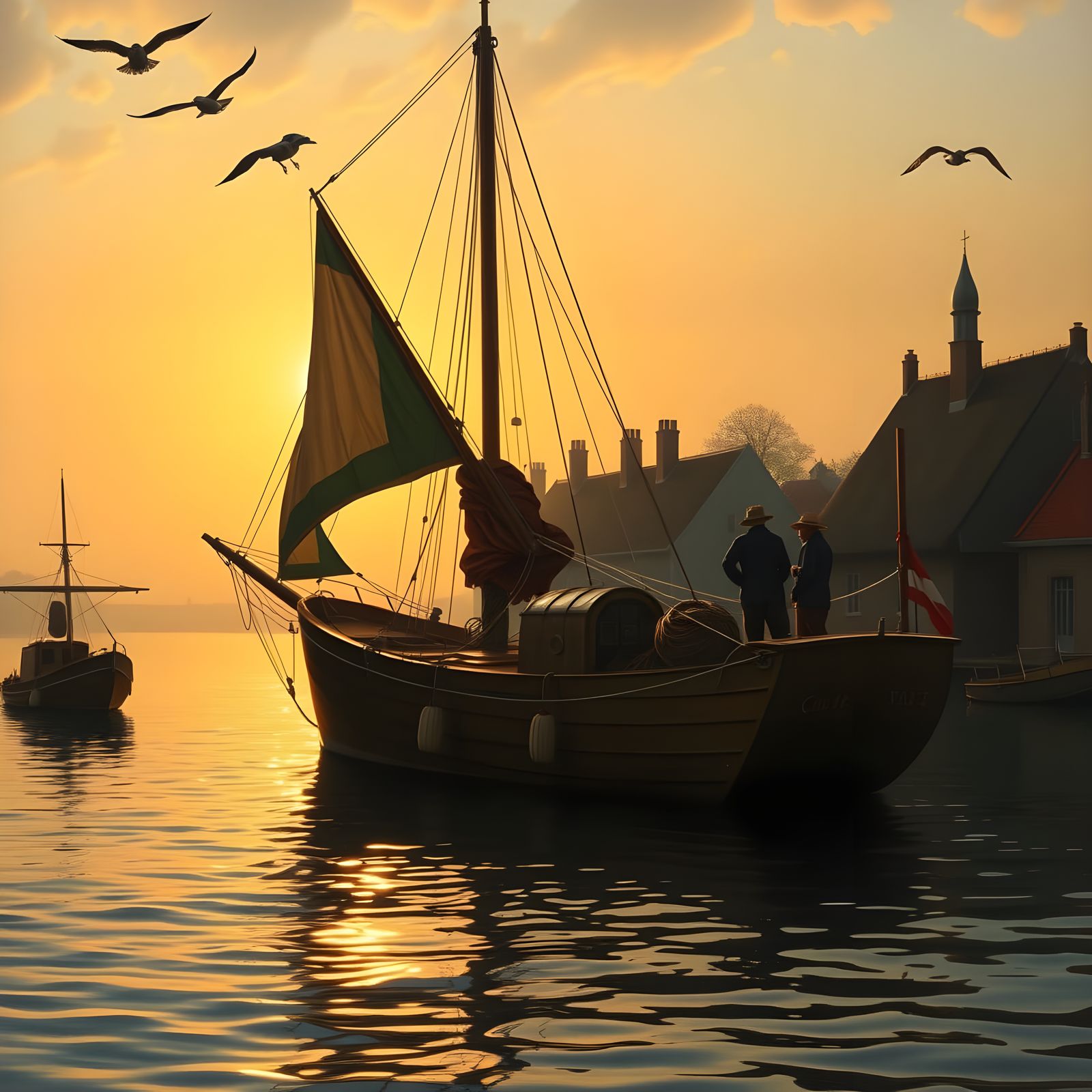 Dutch Golden Age Fishing Boat Returns to Harbor at Sunset