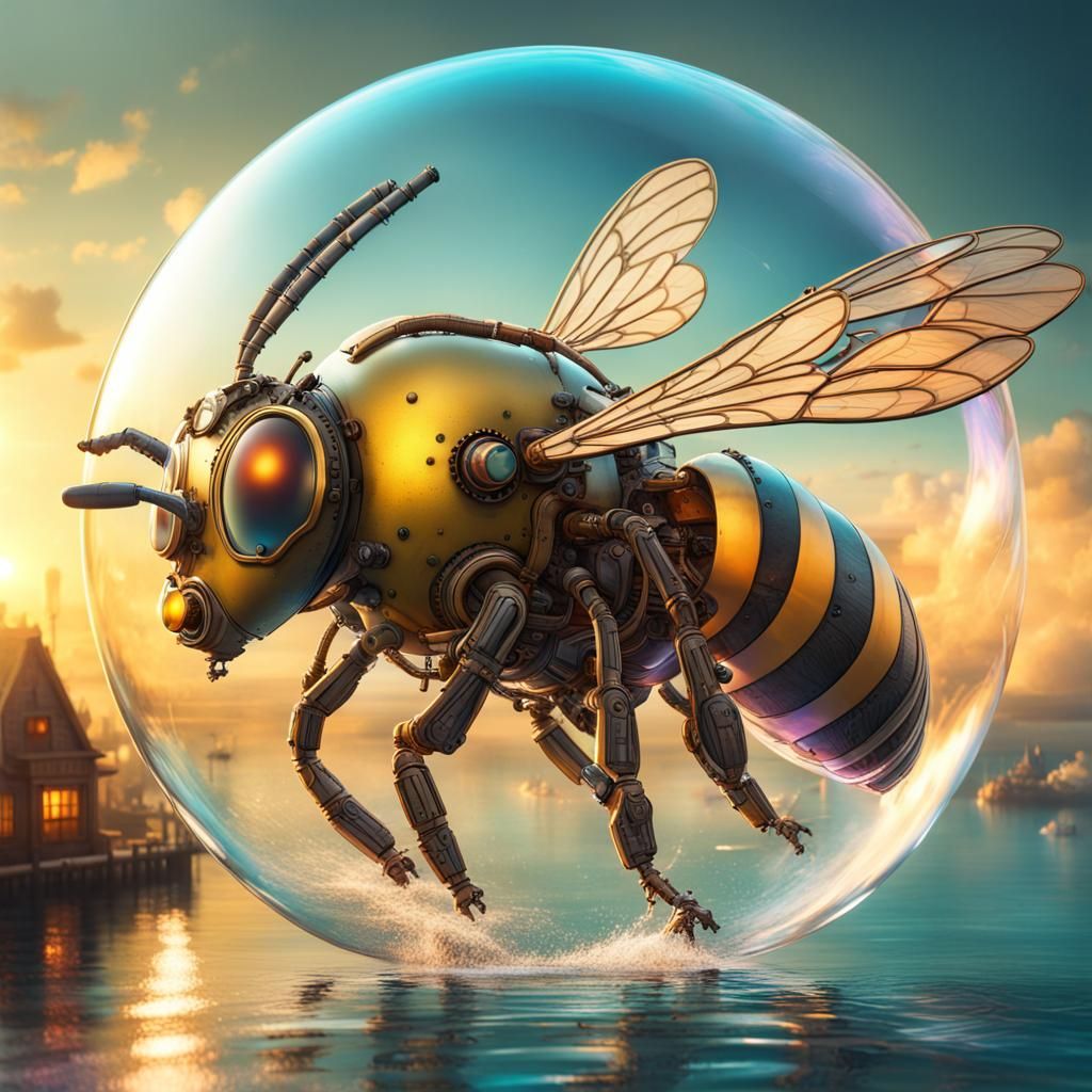 Mechanical Bee with Village in Bubble, Sunrise